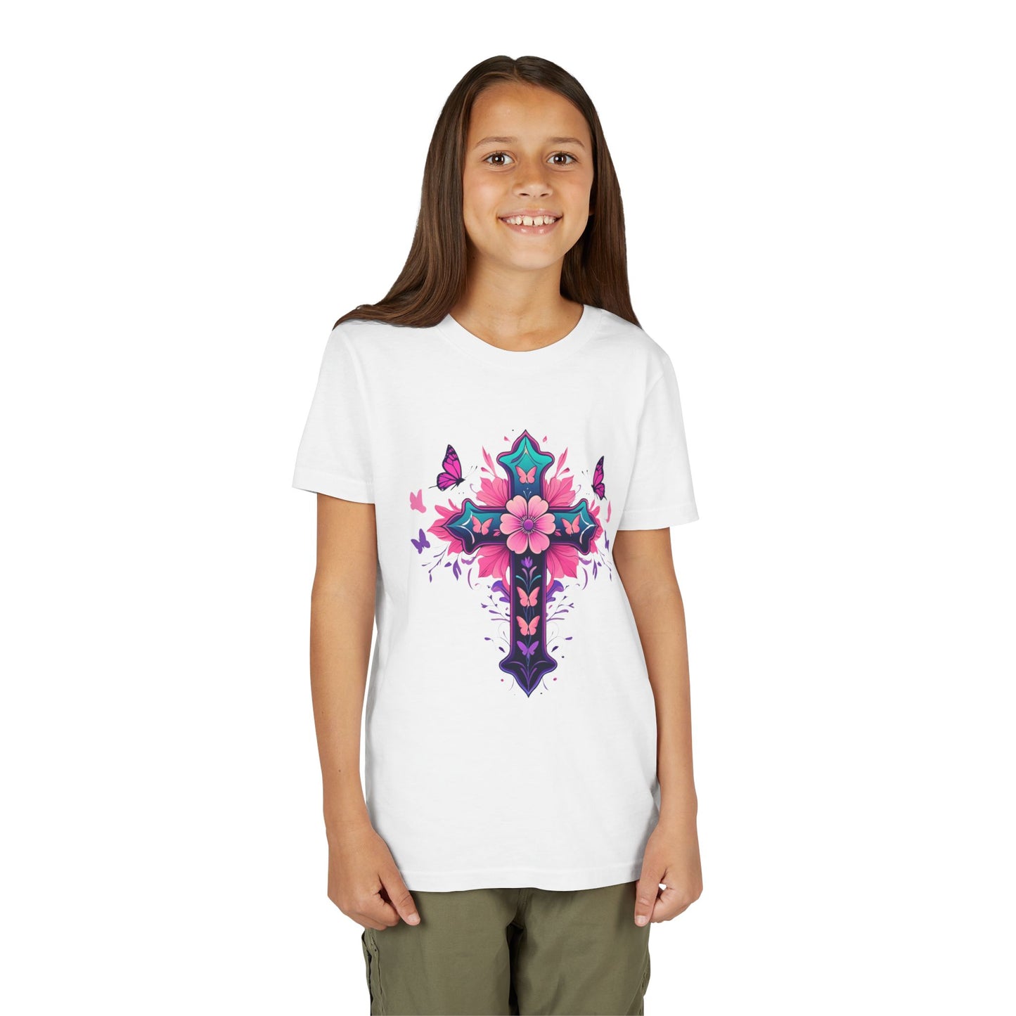 Youth Short Sleeve Tee with Colorful Floral Cross Design | Graphic Tee for girls