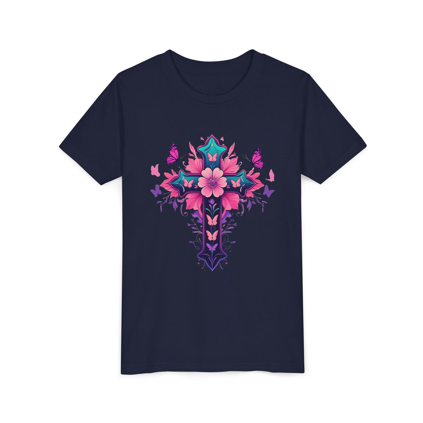 Youth Short Sleeve Tee with Colorful Floral Cross Design | Graphic Tee for girls