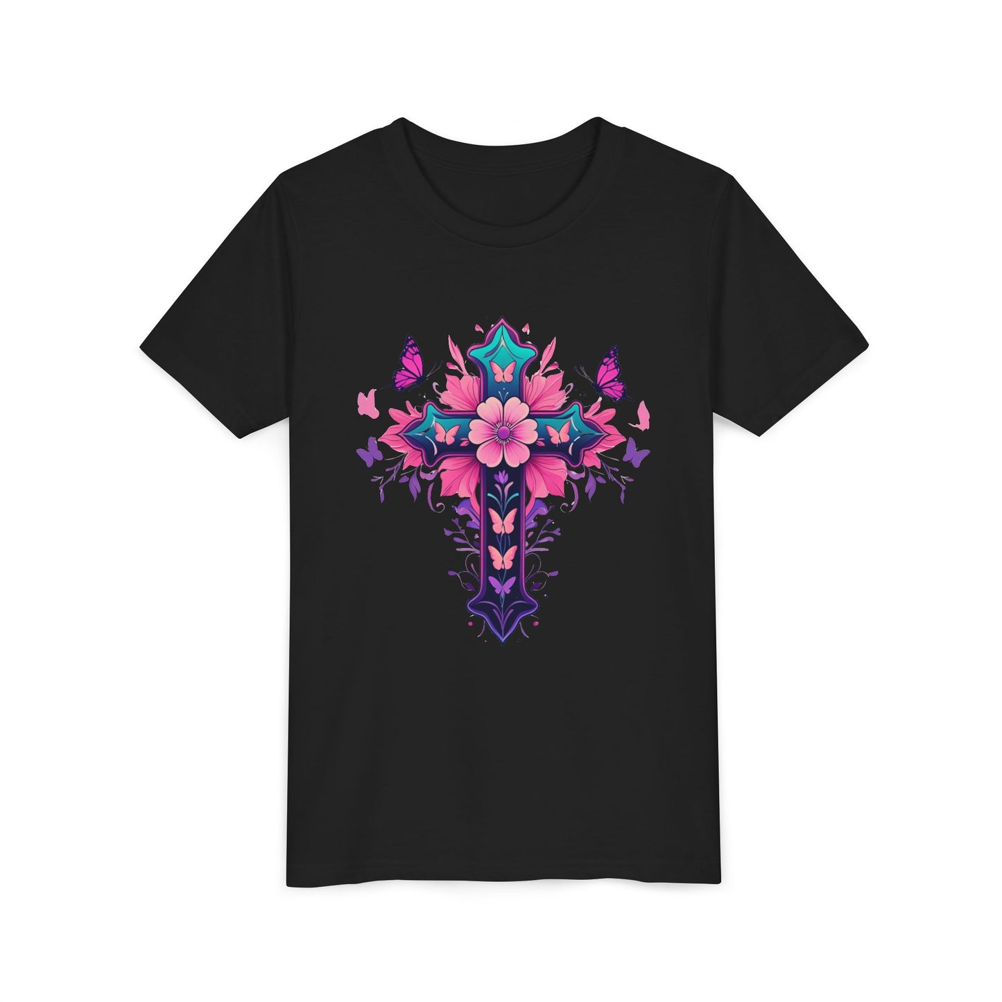 Youth Short Sleeve Tee with Colorful Floral Cross Design | Graphic Tee for girls