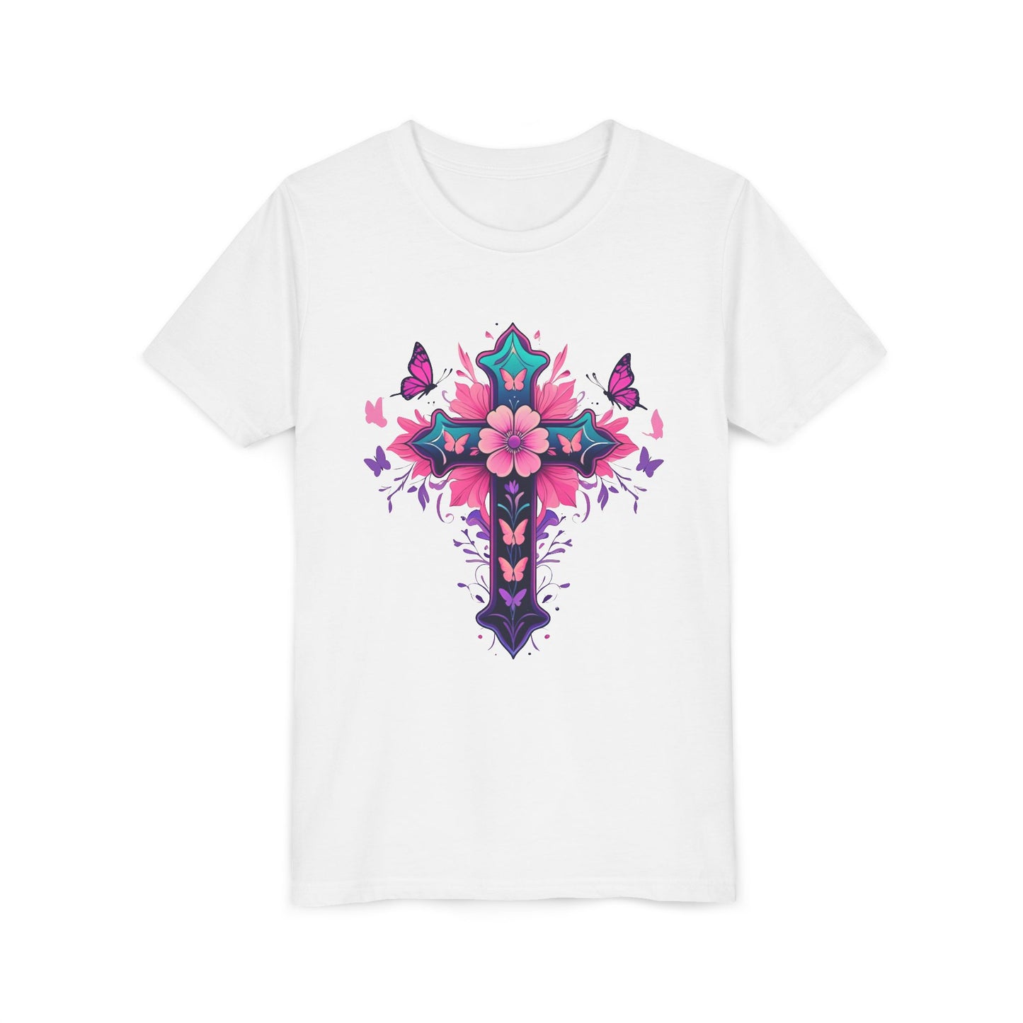 Youth Short Sleeve Tee with Colorful Floral Cross Design | Graphic Tee for girls