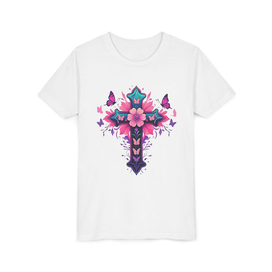 Youth Short Sleeve Tee with Colorful Floral Cross Design | Graphic Tee for girls