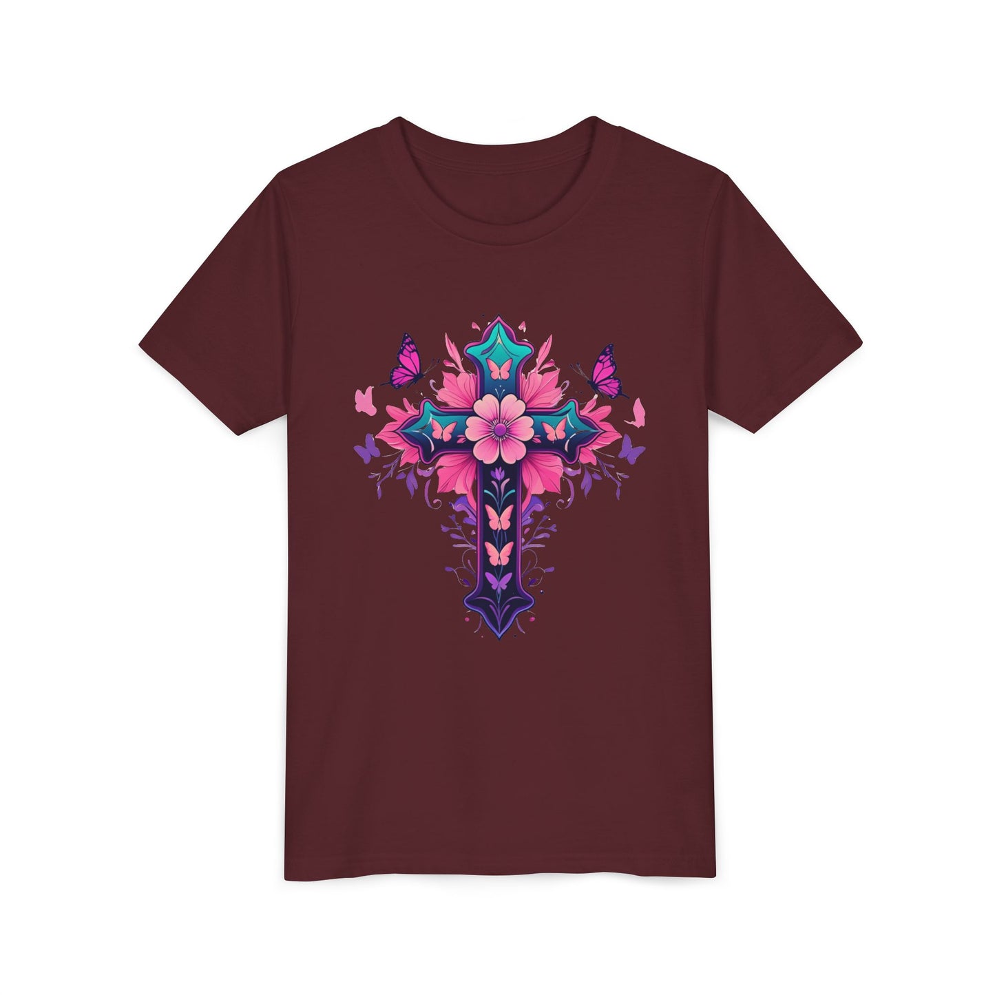 Youth Short Sleeve Tee with Colorful Floral Cross Design | Graphic Tee for girls