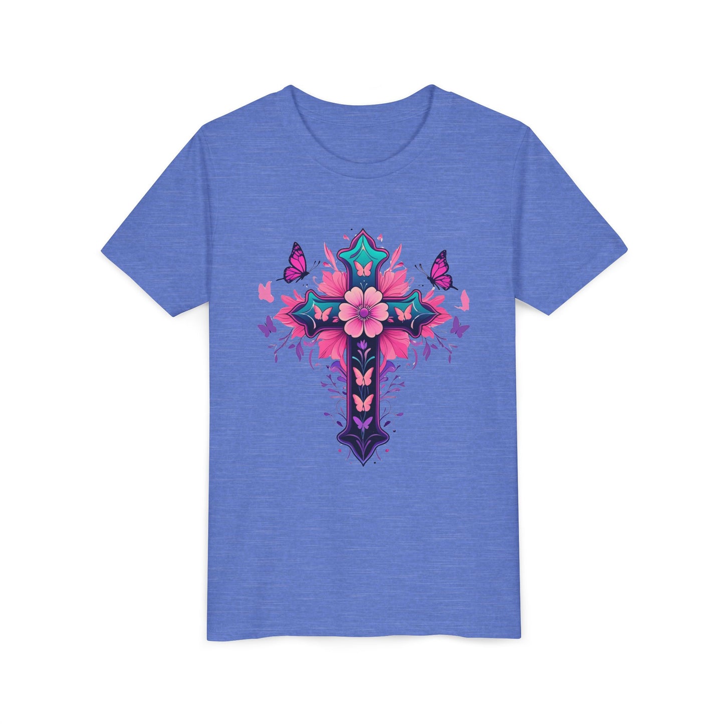 Youth Short Sleeve Tee with Colorful Floral Cross Design | Graphic Tee for girls
