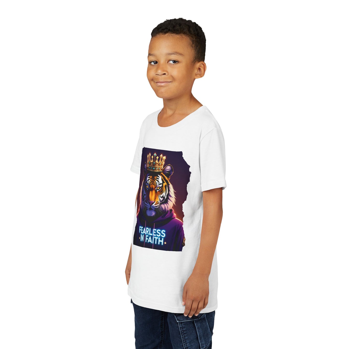 Fearless in Faith Tiger Tee, Youth Graphic Shirt, Motivational Kids Tee, Animal Lover Gift, Inspirational Apparel