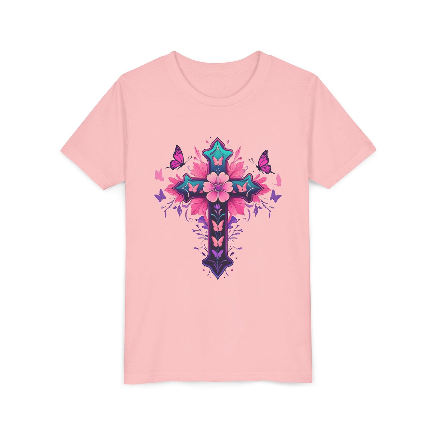 Youth Short Sleeve Tee with Colorful Floral Cross Design | Graphic Tee for girls