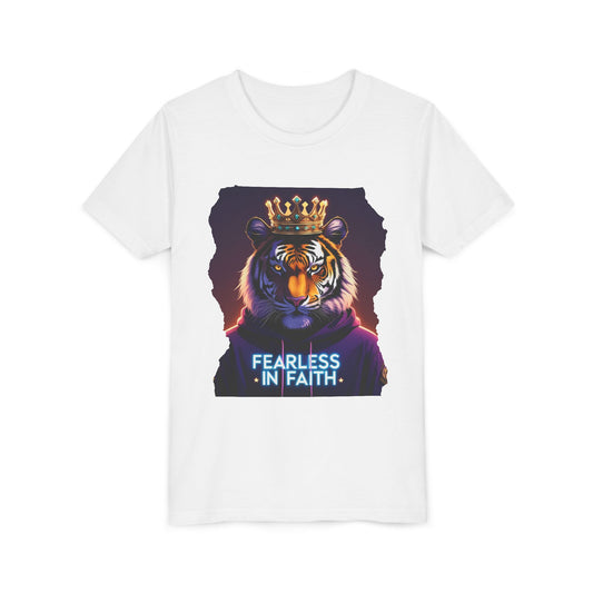 Fearless in Faith Tiger Tee, Youth Graphic Shirt, Motivational Kids Tee, Animal Lover Gift, Inspirational Apparel