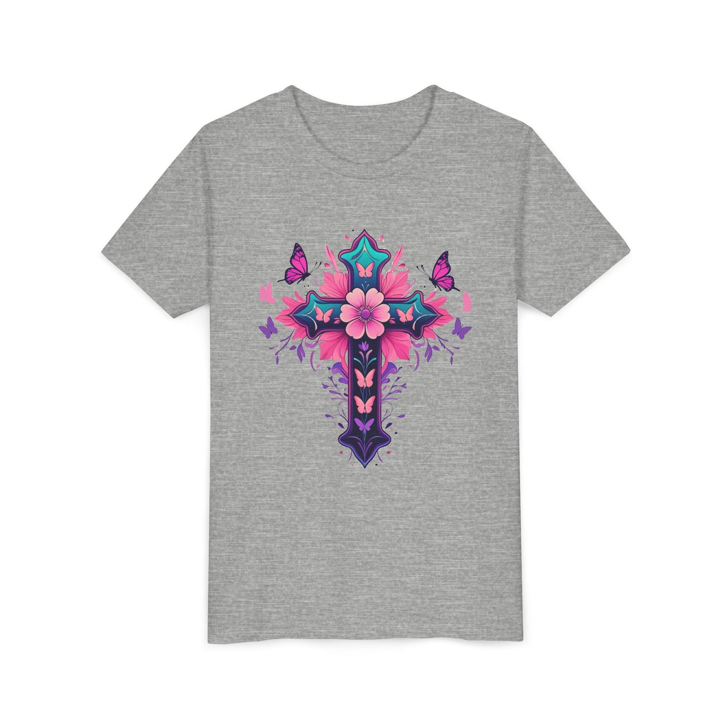 Youth Short Sleeve Tee with Colorful Floral Cross Design | Graphic Tee for girls